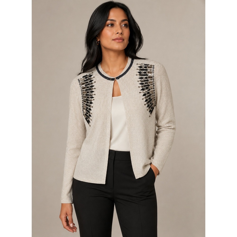 Chicos Open Front Cardigan Sweater Size 2 Large Beaded Sequin Office Textured